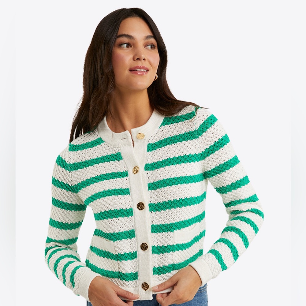 NWT Draper James Rita crewneck green & white striped cardigan size large
